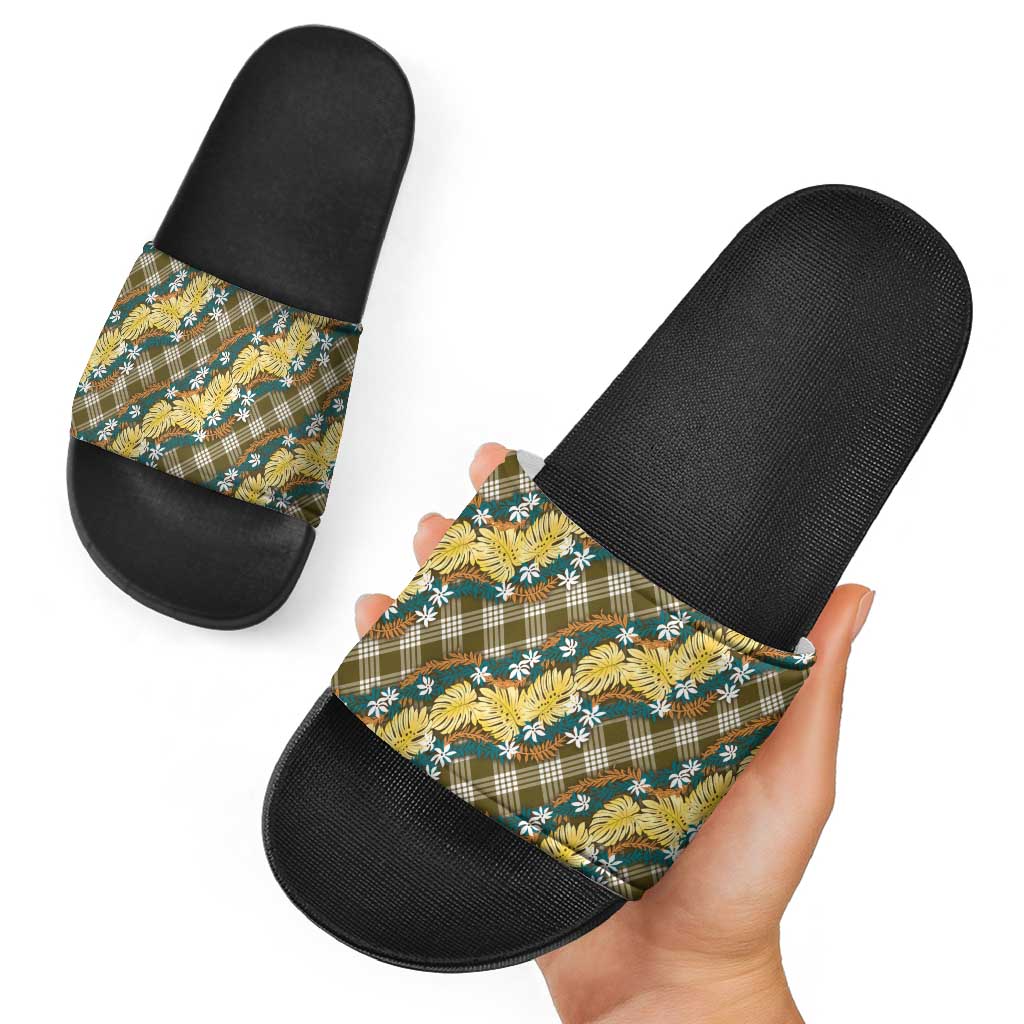 Polynesian Monstera Tiare Floral Slide Sandals Yellow Tropical Plaid - Polynesian Pride