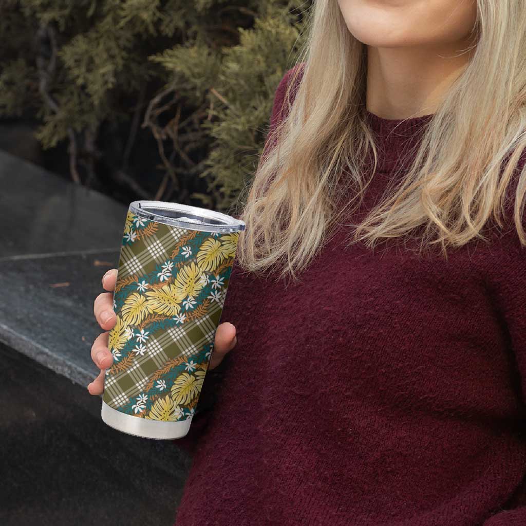 Polynesian Monstera Tiare Floral Tumbler Cup Yellow Tropical Plaid - Polynesian Pride