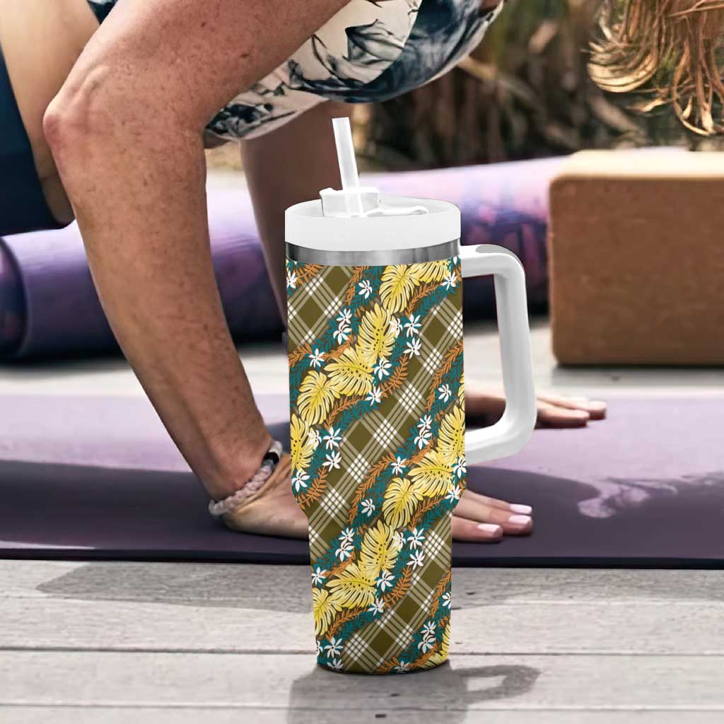 Polynesian Monstera Tiare Floral Tumbler With Handle Yellow Tropical Plaid - Polynesian Pride