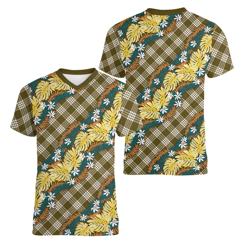 Polynesian Monstera Tiare Floral Women V-Neck T-Shirt Yellow Tropical Plaid - Polynesian Pride