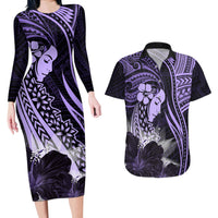 Polynesian Women Day 2024 Couples Matching Long Sleeve Bodycon Dress and Hawaiian Shirt Hibiscus Girl Tribal LT01 Purple - Polynesian Pride