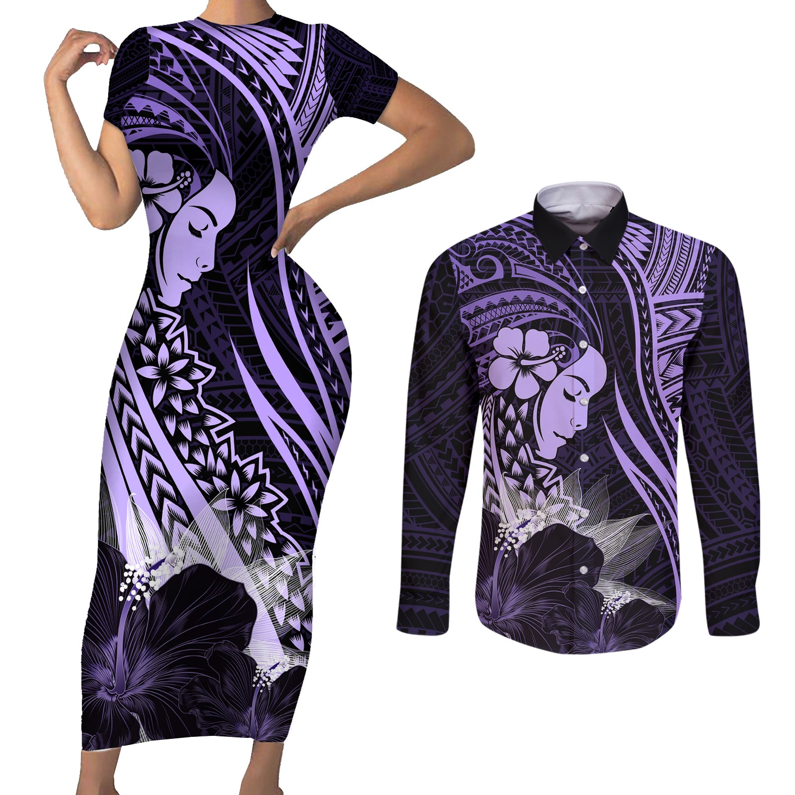 Polynesian Women Day 2024 Couples Matching Short Sleeve Bodycon Dress and Long Sleeve Button Shirt Hibiscus Girl Tribal LT01 Purple - Polynesian Pride