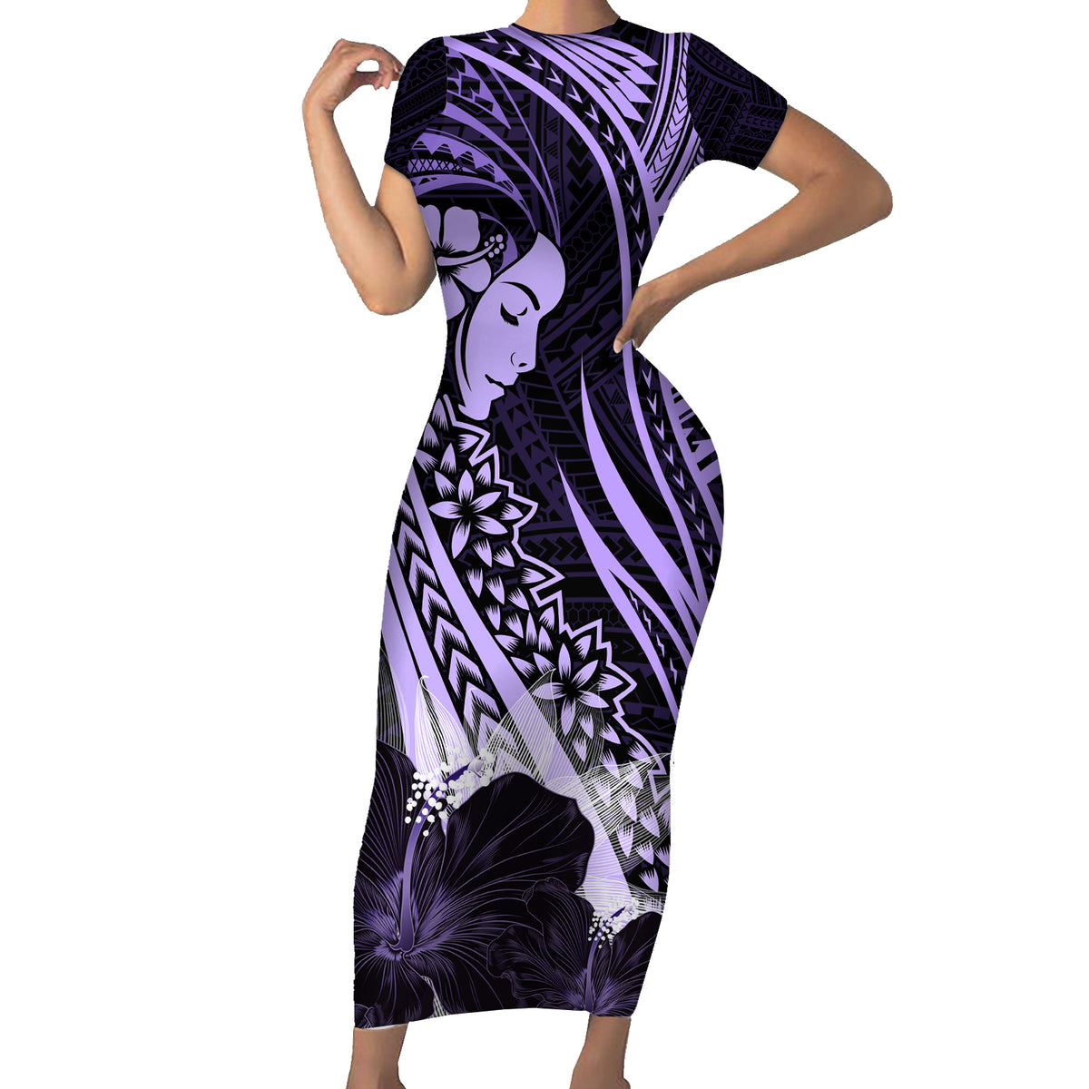 Polynesian Women Day 2024 Family Matching Short Sleeve Bodycon Dress and Hawaiian Shirt Hibiscus Girl Tribal LT01 Mom's Dress Purple - Polynesian Pride