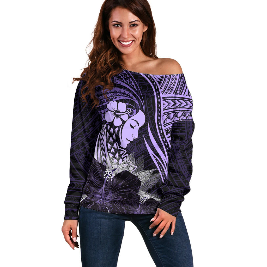 Polynesian Women Day 2024 Off Shoulder Sweater Hibiscus Girl Tribal LT01 Women Purple - Polynesian Pride