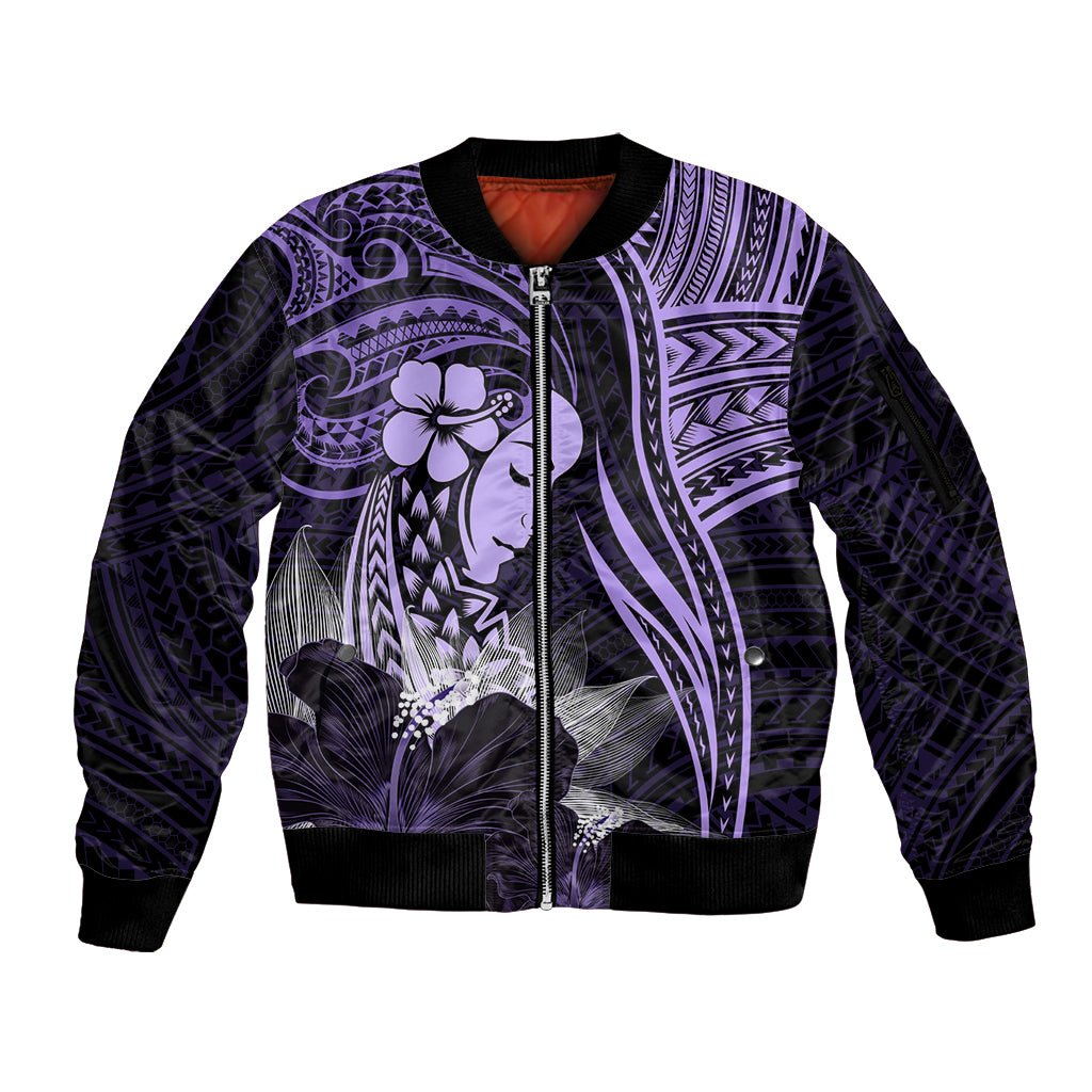 Polynesian Women Day 2024 Sleeve Zip Bomber Jacket Hibiscus Girl Tribal LT01 Unisex Purple - Polynesian Pride