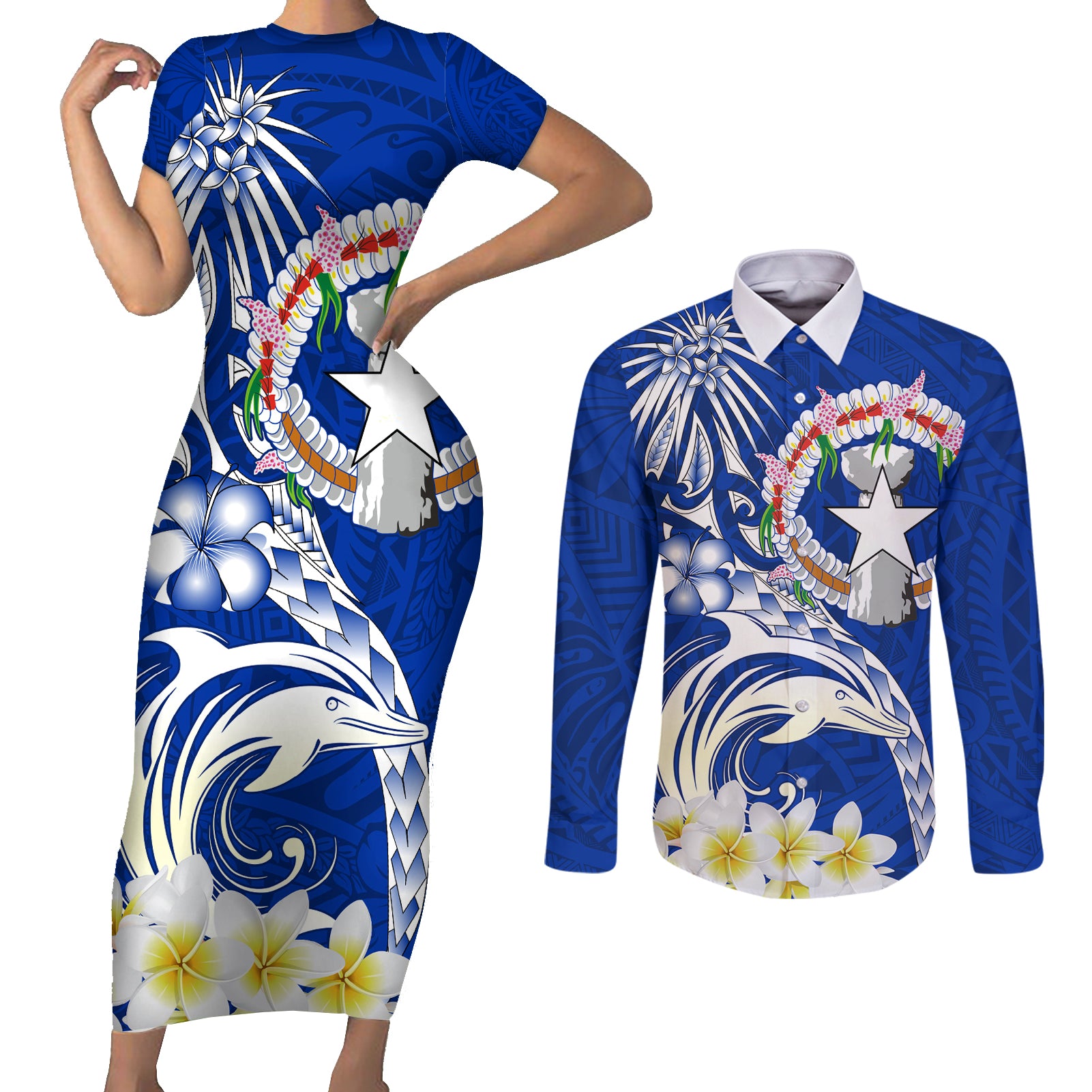 Northern Mariana Islands Commonwealth Day 2024 Couples Matching Short Sleeve Bodycon Dress and Long Sleeve Button Shirt Dolphin With Plumeria Flower LT01 Blue - Polynesian Pride