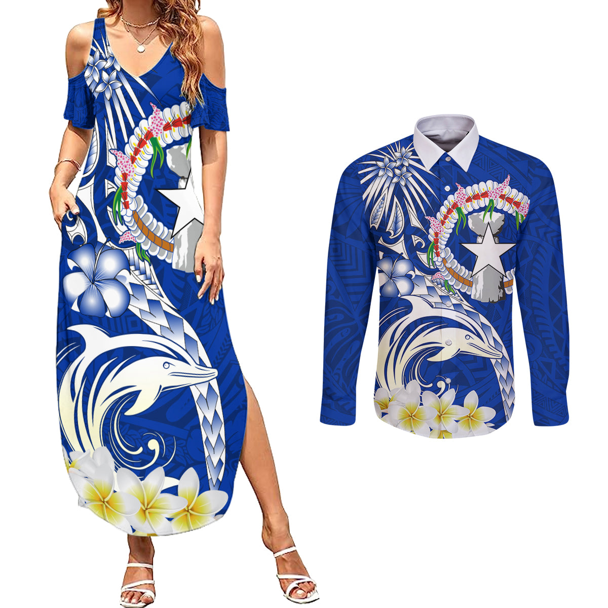Northern Mariana Islands Commonwealth Day 2024 Couples Matching Summer Maxi Dress and Long Sleeve Button Shirt Dolphin With Plumeria Flower LT01 Blue - Polynesian Pride