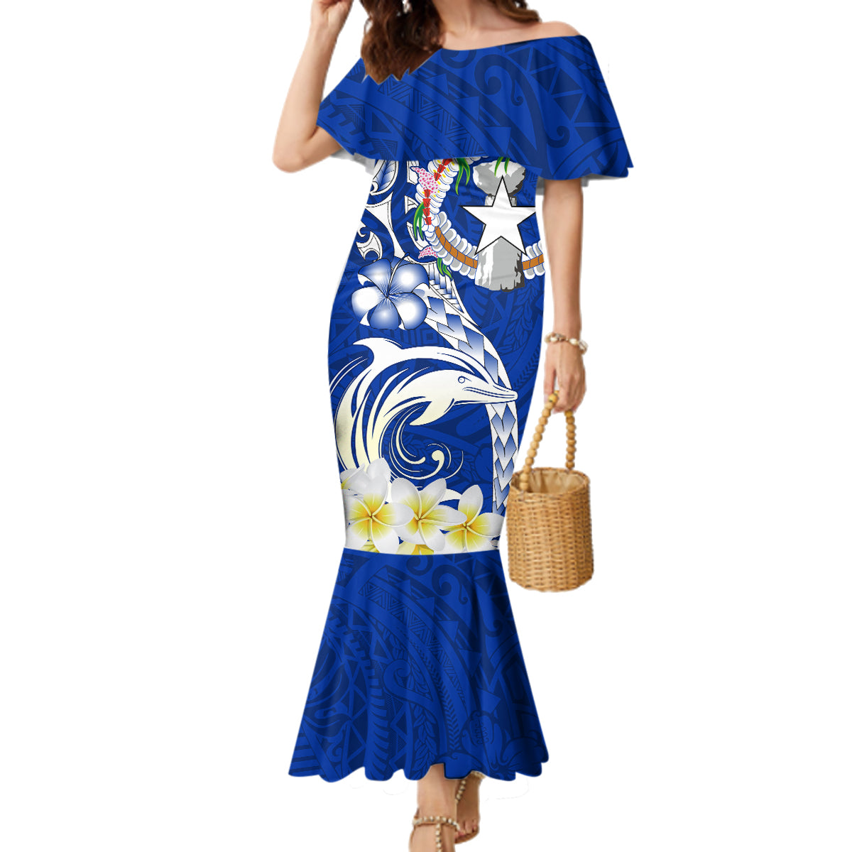 Northern Mariana Islands Commonwealth Day 2024 Family Matching Mermaid Dress and Hawaiian Shirt Dolphin With Plumeria Flower LT01 Mom's Dress Blue - Polynesian Pride