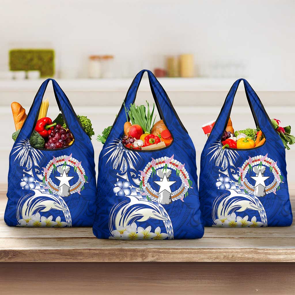 Northern Mariana Islands Commonwealth Day 2024 Grocery Bag Dolphin With Plumeria Flower
