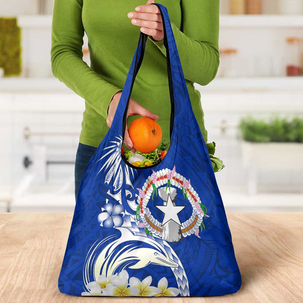 Northern Mariana Islands Commonwealth Day 2024 Grocery Bag Dolphin With Plumeria Flower
