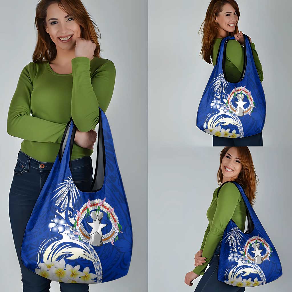 Northern Mariana Islands Commonwealth Day 2024 Grocery Bag Dolphin With Plumeria Flower
