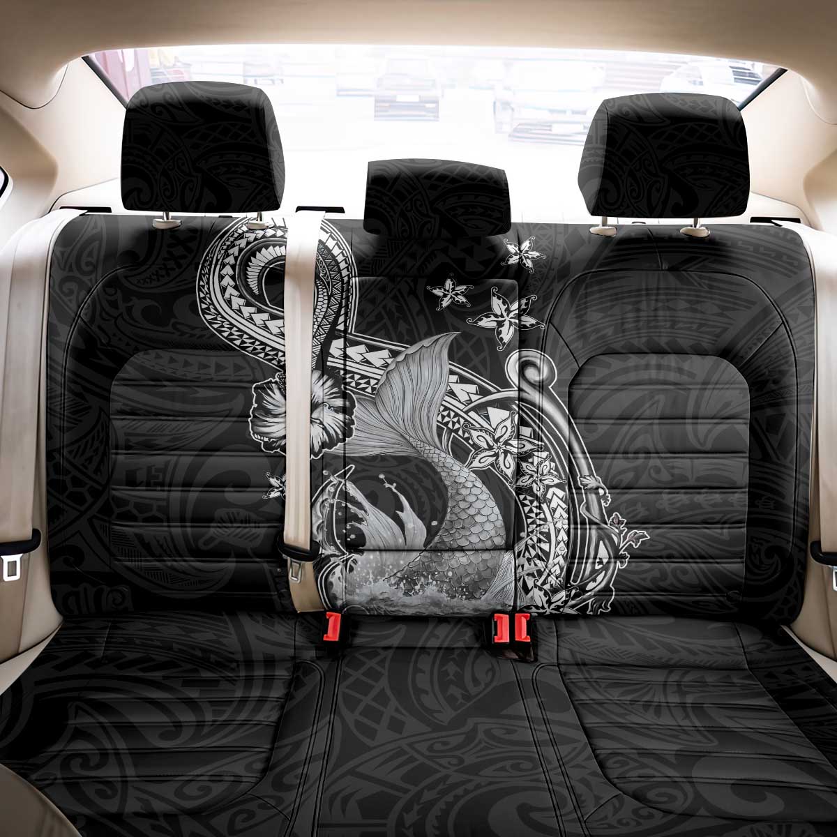 Hawaii Mermaid Monotone Back Car Seat Cover Polynesian Pattern Fish Hook