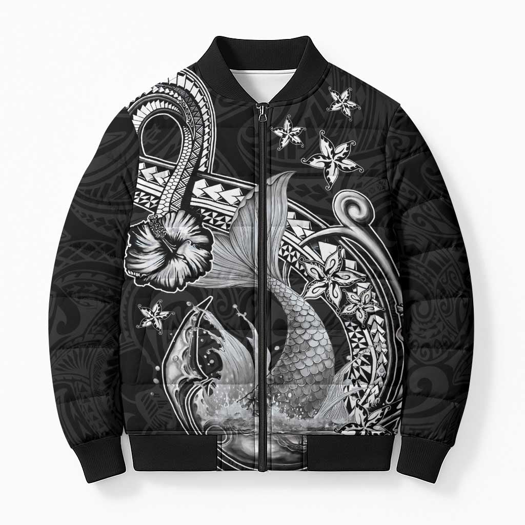 Hawaii Mermaid Monotone Bomber Puffer Jacket Polynesian Pattern Fish Hook