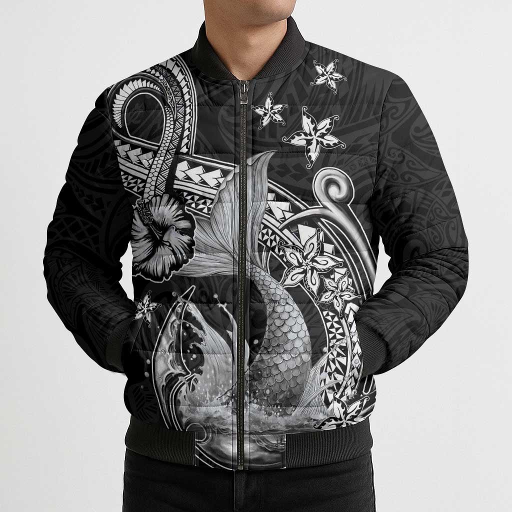 Hawaii Mermaid Monotone Bomber Puffer Jacket Polynesian Pattern Fish Hook