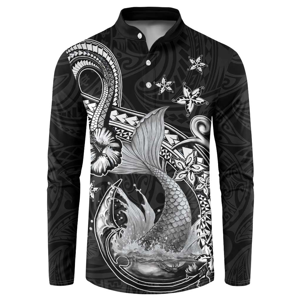 Hawaii Mermaid Monotone Button Sweatshirt Polynesian Pattern Fish Hook