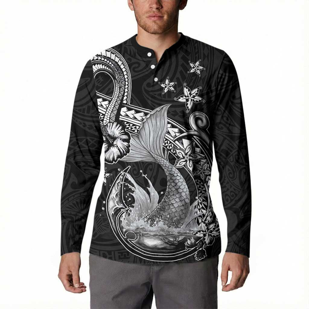 Hawaii Mermaid Monotone Button Sweatshirt Polynesian Pattern Fish Hook