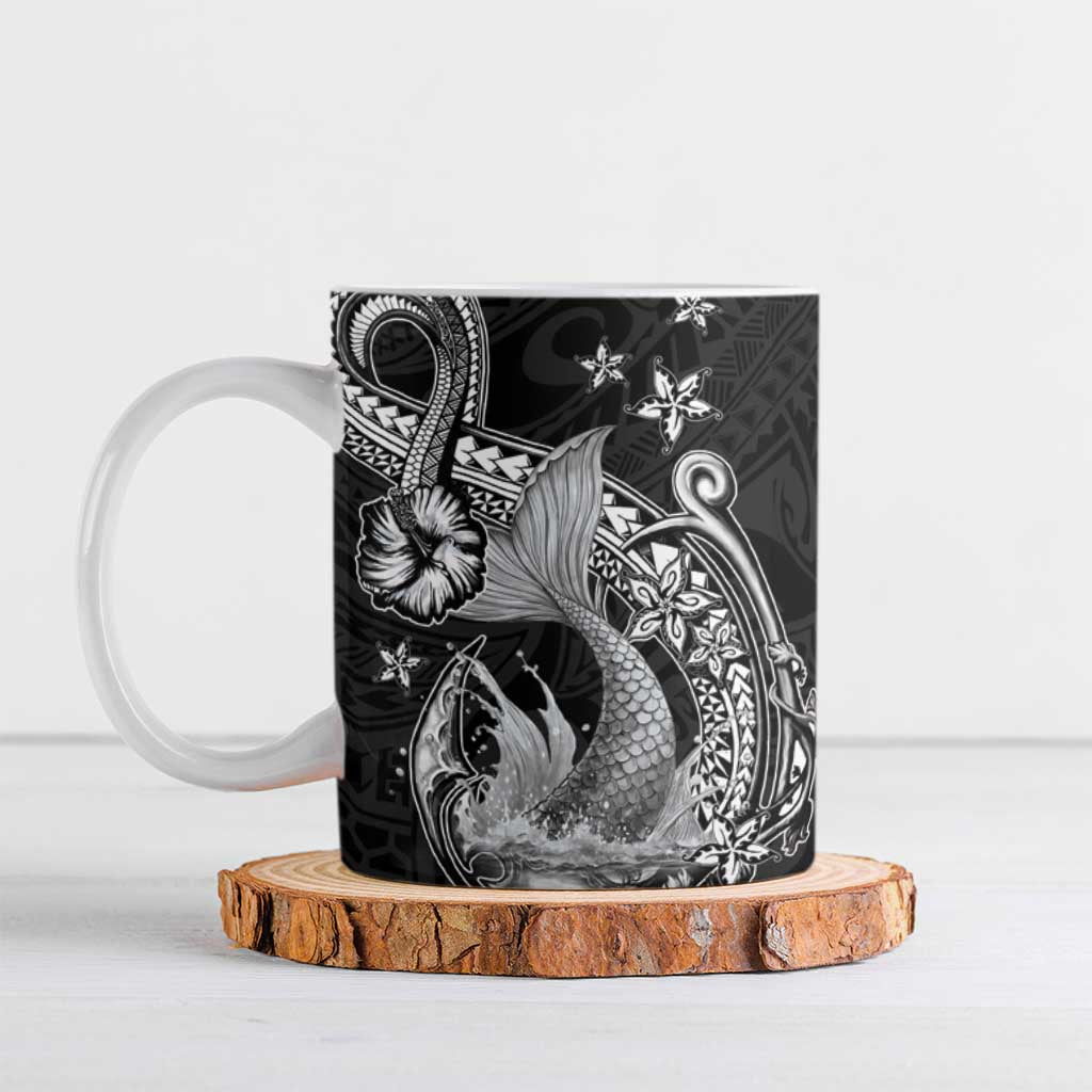 Hawaii Mermaid Monotone Ceramic Mug Polynesian Pattern Fish Hook