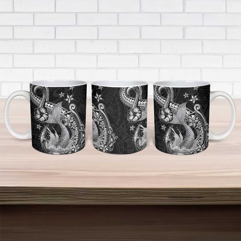 Hawaii Mermaid Monotone Ceramic Mug Polynesian Pattern Fish Hook