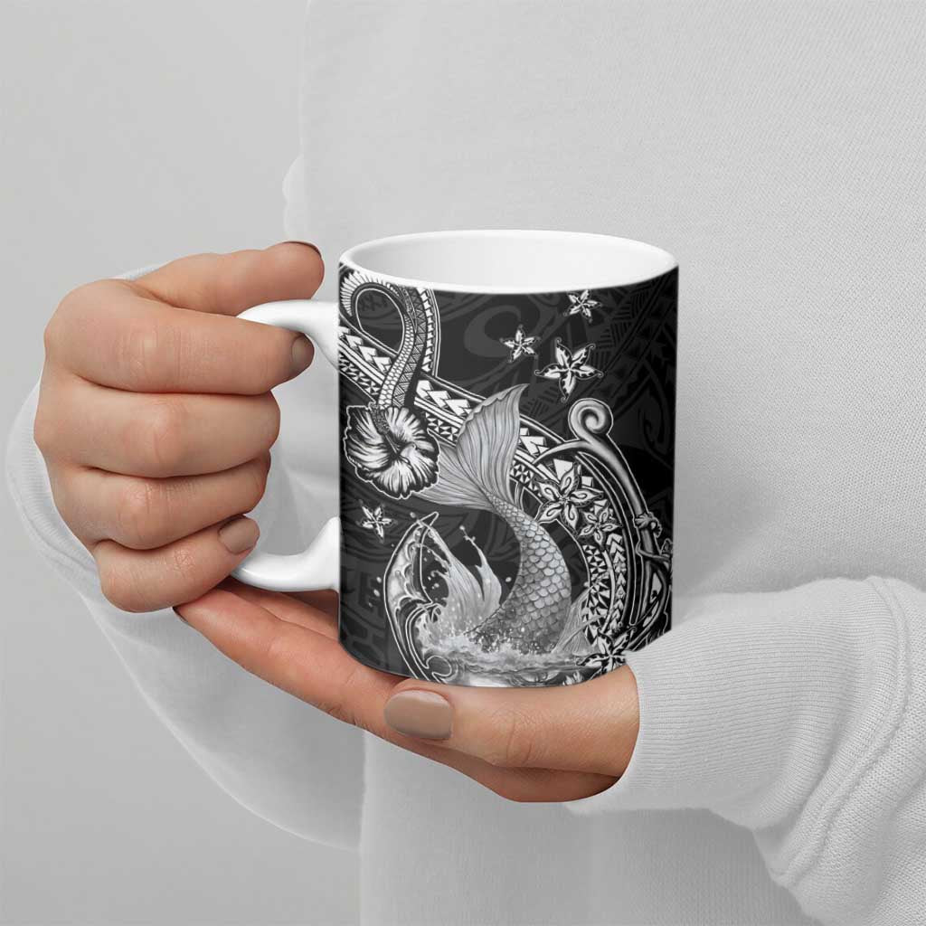 Hawaii Mermaid Monotone Ceramic Mug Polynesian Pattern Fish Hook