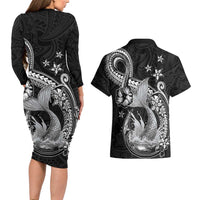 Hawaii Mermaid Monotone Couples Matching Long Sleeve Bodycon Dress and Hawaiian Shirt Polynesian Pattern Fish Hook