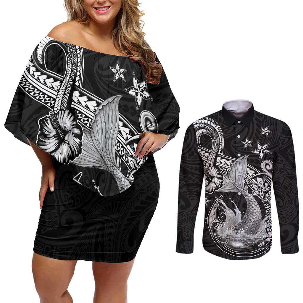 Hawaii Mermaid Monotone Couples Matching Off Shoulder Short Dress and Long Sleeve Button Shirt Polynesian Pattern Fish Hook LT01 Black - Polynesian Pride
