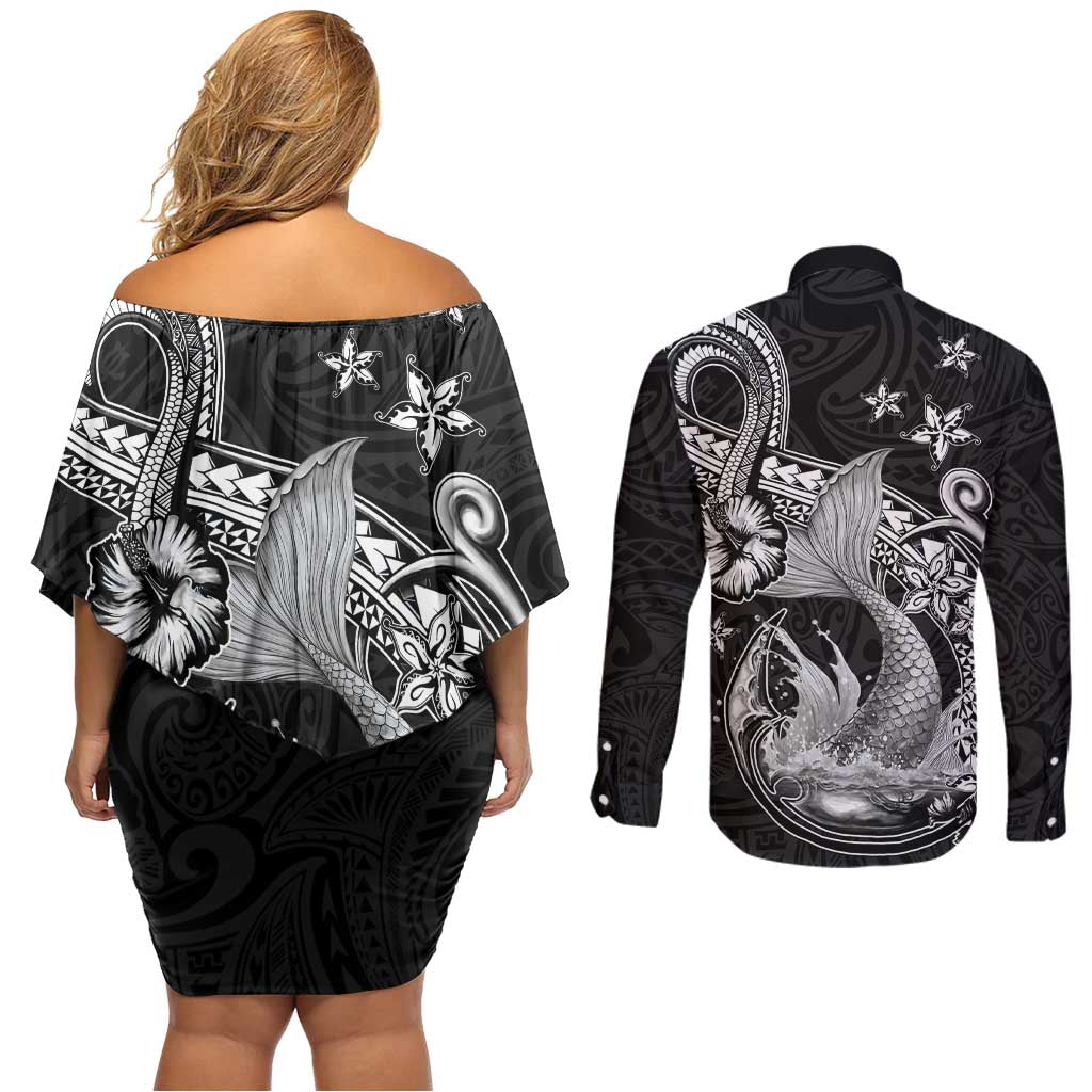 Hawaii Mermaid Monotone Couples Matching Off Shoulder Short Dress and Long Sleeve Button Shirt Polynesian Pattern Fish Hook LT01 - Polynesian Pride