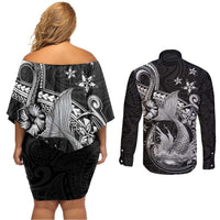Hawaii Mermaid Monotone Couples Matching Off Shoulder Short Dress and Long Sleeve Button Shirt Polynesian Pattern Fish Hook LT01 - Polynesian Pride