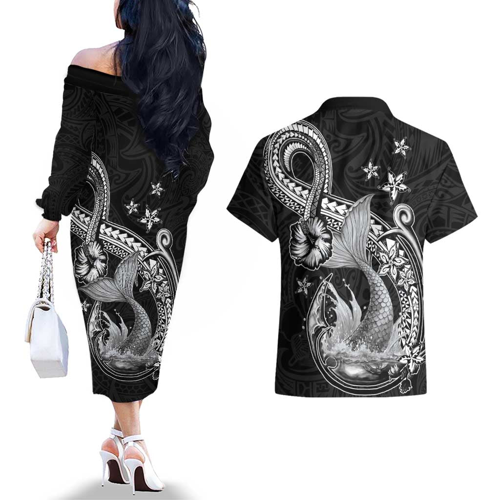 Hawaii Mermaid Monotone Couples Matching Off The Shoulder Long Sleeve Dress and Hawaiian Shirt Polynesian Pattern Fish Hook