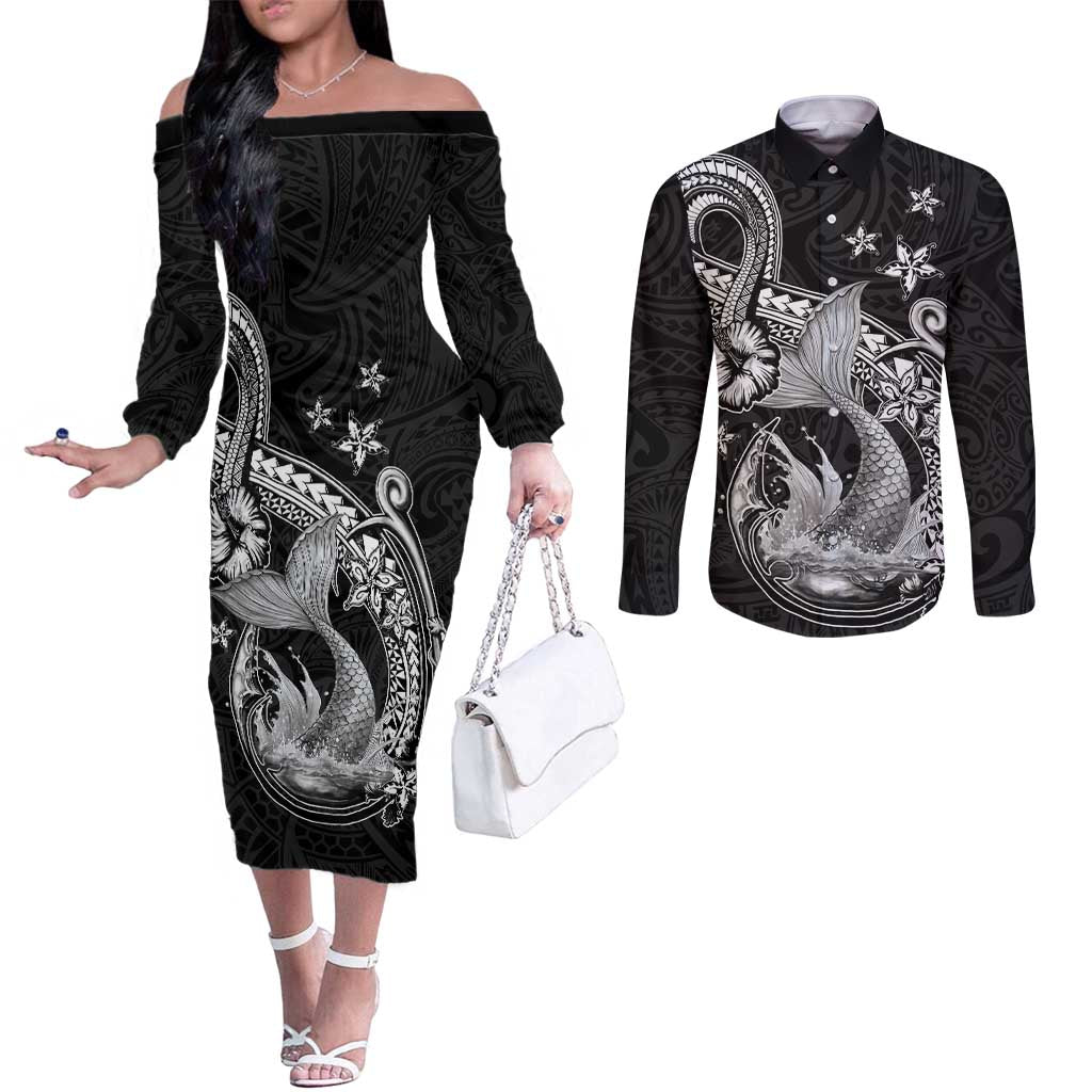 Hawaii Mermaid Monotone Couples Matching Off The Shoulder Long Sleeve Dress and Long Sleeve Button Shirt Polynesian Pattern Fish Hook