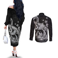 Hawaii Mermaid Monotone Couples Matching Off The Shoulder Long Sleeve Dress and Long Sleeve Button Shirt Polynesian Pattern Fish Hook
