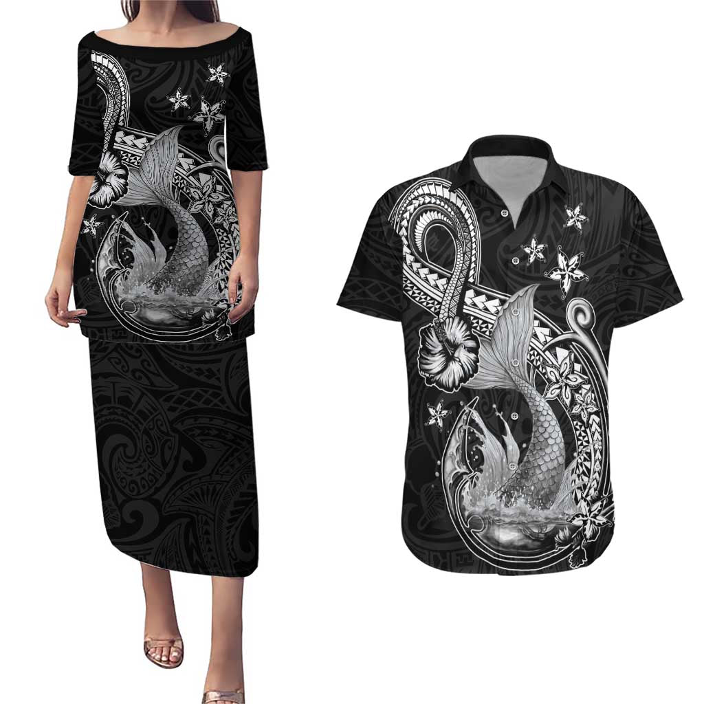 Hawaii Mermaid Monotone Couples Matching Puletasi and Hawaiian Shirt Polynesian Pattern Fish Hook