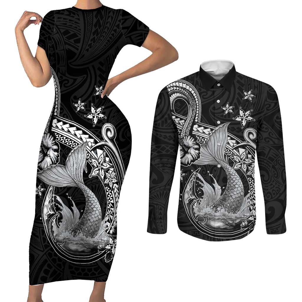 Hawaii Mermaid Monotone Couples Matching Short Sleeve Bodycon Dress and Long Sleeve Button Shirt Polynesian Pattern Fish Hook