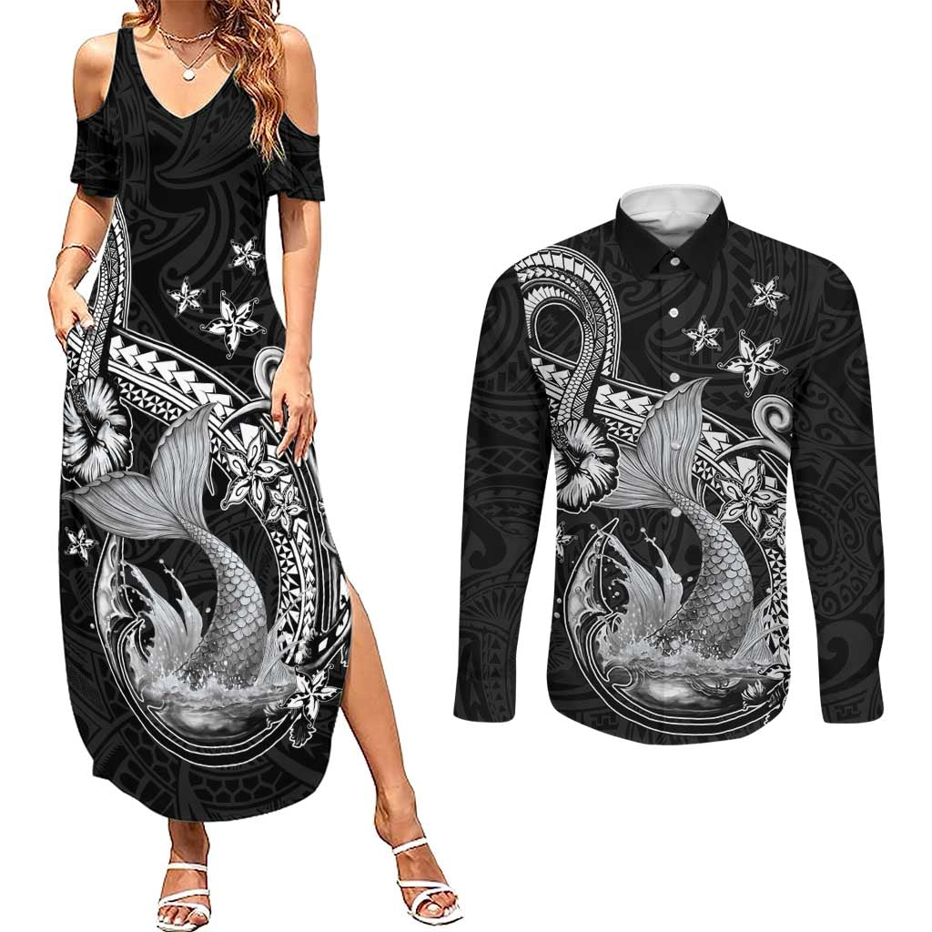 Hawaii Mermaid Monotone Couples Matching Summer Maxi Dress and Long Sleeve Button Shirt Polynesian Pattern Fish Hook LT01 Black - Polynesian Pride