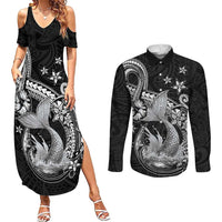 Hawaii Mermaid Monotone Couples Matching Summer Maxi Dress and Long Sleeve Button Shirt Polynesian Pattern Fish Hook LT01 Black - Polynesian Pride