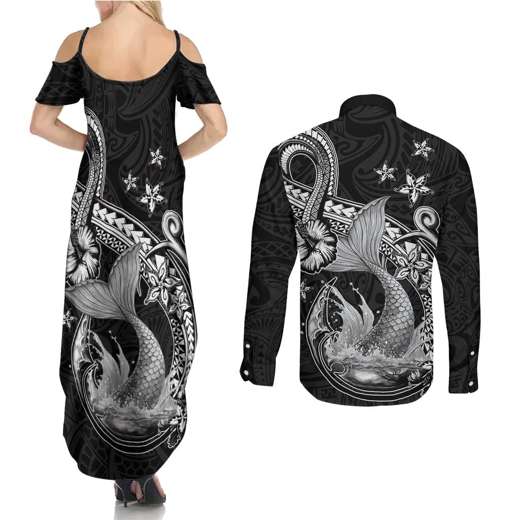 Hawaii Mermaid Monotone Couples Matching Summer Maxi Dress and Long Sleeve Button Shirt Polynesian Pattern Fish Hook LT01 - Polynesian Pride