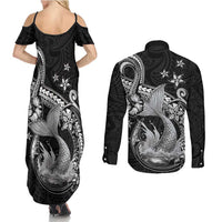 Hawaii Mermaid Monotone Couples Matching Summer Maxi Dress and Long Sleeve Button Shirt Polynesian Pattern Fish Hook LT01 - Polynesian Pride