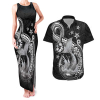 Hawaii Mermaid Monotone Couples Matching Tank Maxi Dress and Hawaiian Shirt Polynesian Pattern Fish Hook