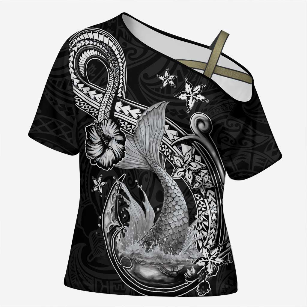Hawaii Mermaid Monotone Cross Shoulder Shirt Polynesian Pattern Fish Hook
