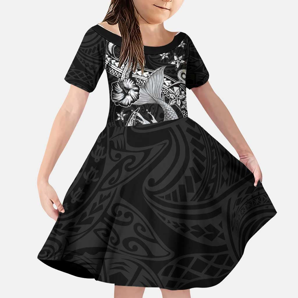 Hawaii Mermaid Monotone Family Matching Off Shoulder Maxi Dress and Hawaiian Shirt Polynesian Pattern Fish Hook LT01 Daughter's Dress Black - Polynesian Pride