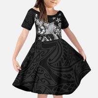 Hawaii Mermaid Monotone Family Matching Off Shoulder Maxi Dress and Hawaiian Shirt Polynesian Pattern Fish Hook LT01 Daughter's Dress Black - Polynesian Pride