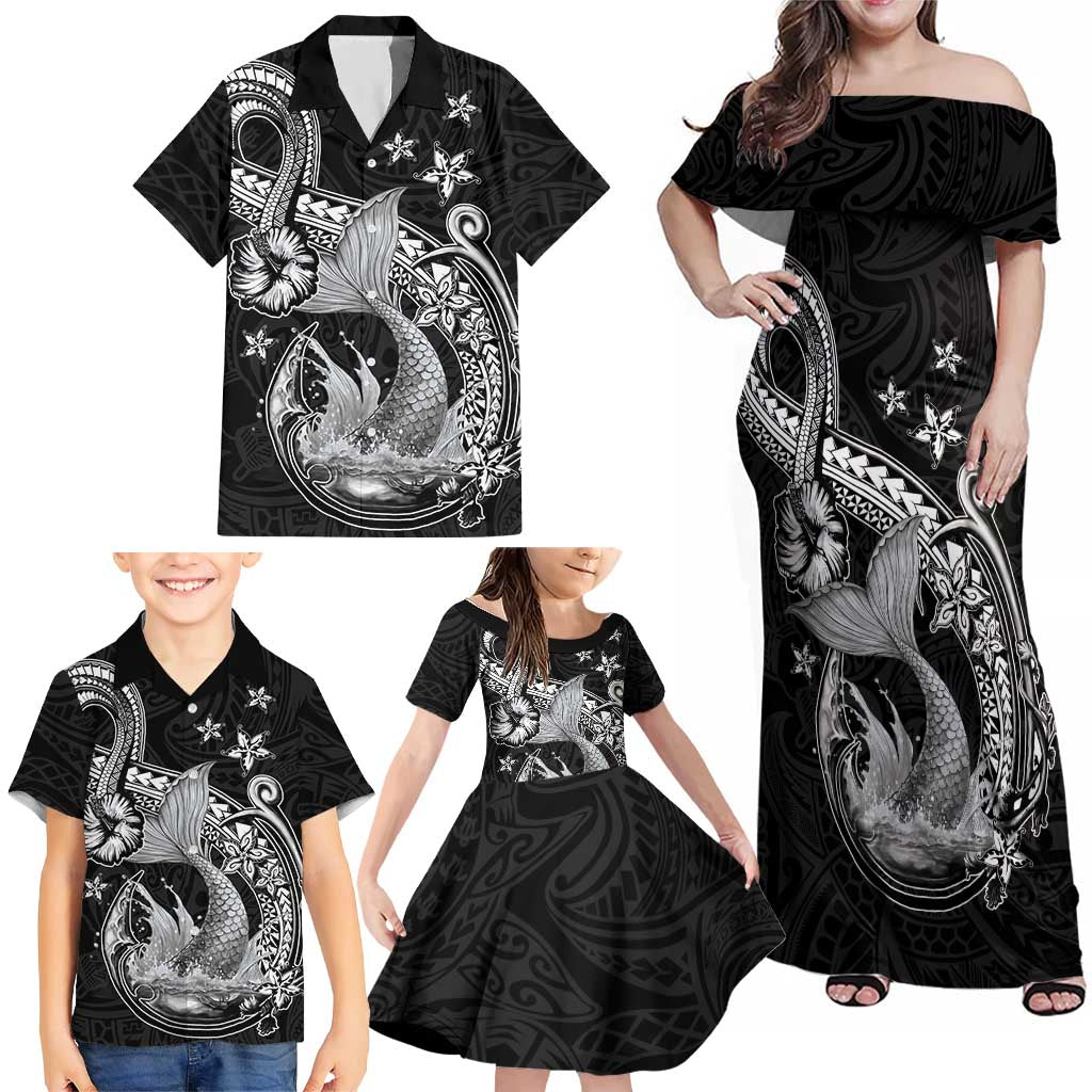 Hawaii Mermaid Monotone Family Matching Off Shoulder Maxi Dress and Hawaiian Shirt Polynesian Pattern Fish Hook LT01 - Polynesian Pride