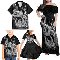 Hawaii Mermaid Monotone Family Matching Off Shoulder Maxi Dress and Hawaiian Shirt Polynesian Pattern Fish Hook LT01 - Polynesian Pride