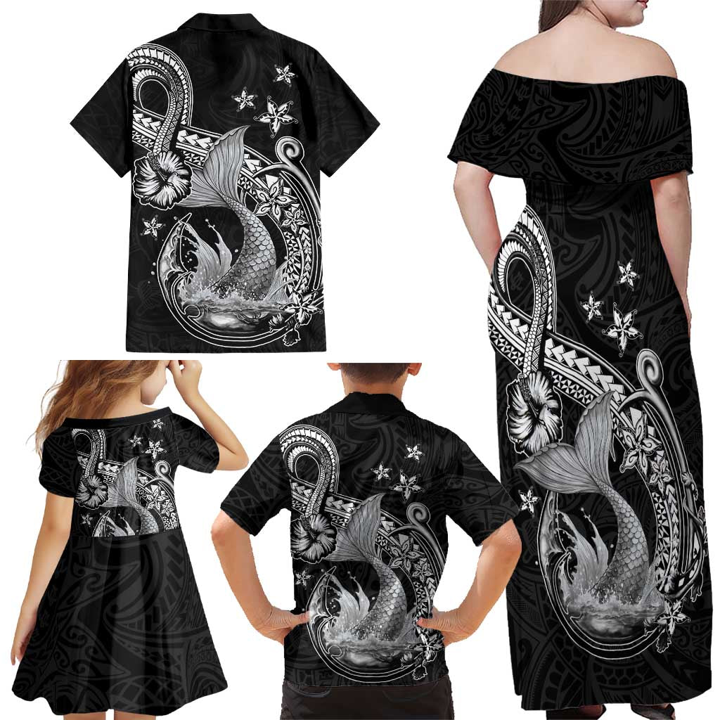 Hawaii Mermaid Monotone Family Matching Off Shoulder Maxi Dress and Hawaiian Shirt Polynesian Pattern Fish Hook LT01 - Polynesian Pride