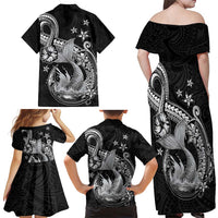 Hawaii Mermaid Monotone Family Matching Off Shoulder Maxi Dress and Hawaiian Shirt Polynesian Pattern Fish Hook LT01 - Polynesian Pride