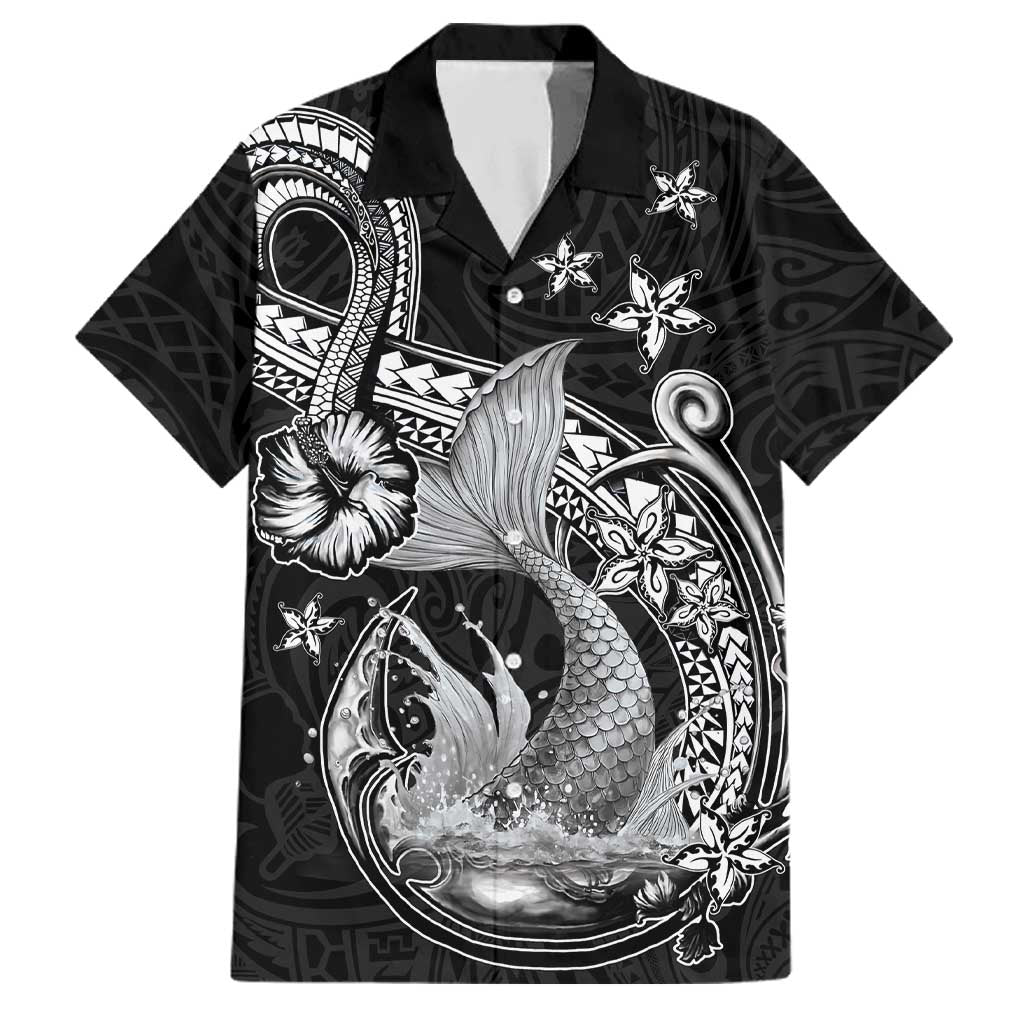 Hawaii Mermaid Monotone Family Matching Off Shoulder Maxi Dress and Hawaiian Shirt Polynesian Pattern Fish Hook LT01 Dad's Shirt - Short Sleeve Black - Polynesian Pride