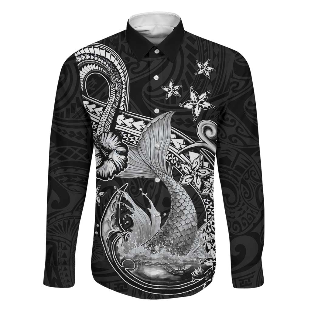 Hawaii Mermaid Monotone Family Matching Off Shoulder Maxi Dress and Hawaiian Shirt Polynesian Pattern Fish Hook LT01 Dad's Shirt - Long Sleeve Black - Polynesian Pride