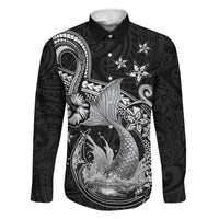 Hawaii Mermaid Monotone Family Matching Off Shoulder Maxi Dress and Hawaiian Shirt Polynesian Pattern Fish Hook LT01 Dad's Shirt - Long Sleeve Black - Polynesian Pride