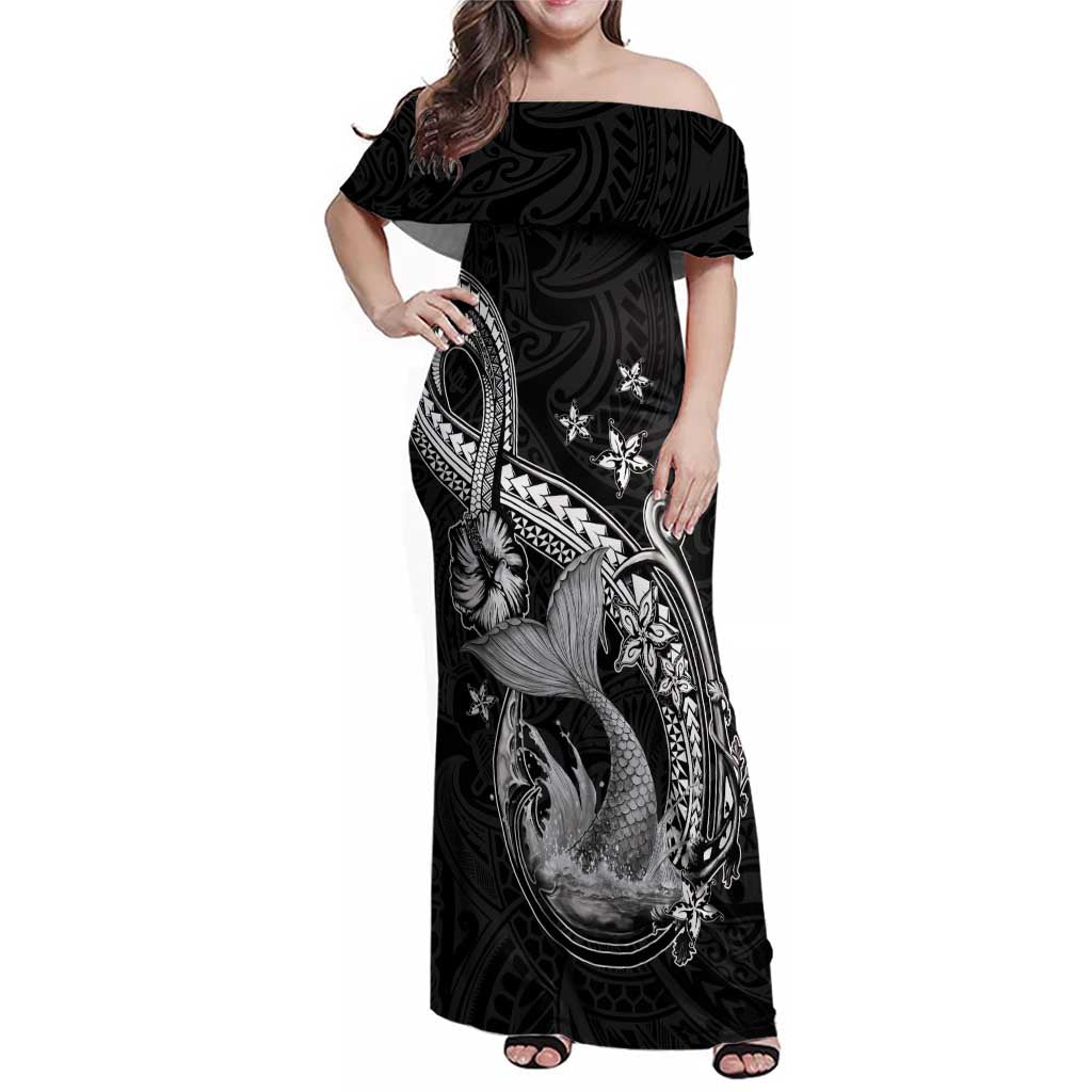 Hawaii Mermaid Monotone Family Matching Off Shoulder Maxi Dress and Hawaiian Shirt Polynesian Pattern Fish Hook LT01 Mom's Dress Black - Polynesian Pride