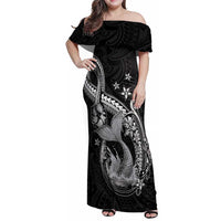 Hawaii Mermaid Monotone Family Matching Off Shoulder Maxi Dress and Hawaiian Shirt Polynesian Pattern Fish Hook LT01 Mom's Dress Black - Polynesian Pride