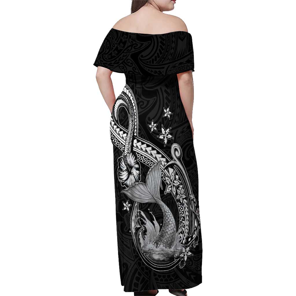 Hawaii Mermaid Monotone Family Matching Off Shoulder Maxi Dress and Hawaiian Shirt Polynesian Pattern Fish Hook LT01 - Polynesian Pride